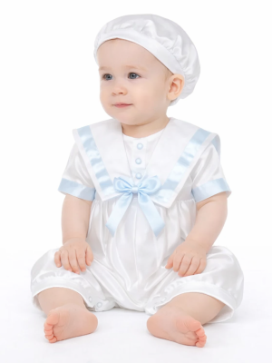Baby Boys Light Blue Pleated Christening Romper