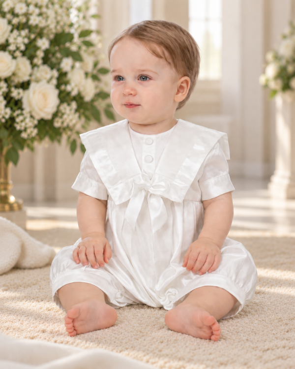 Baby Boys Ivory Pleated Christening Romper - 1