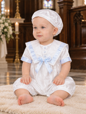 Baby Boys Light Blue Pleated Christening Romper