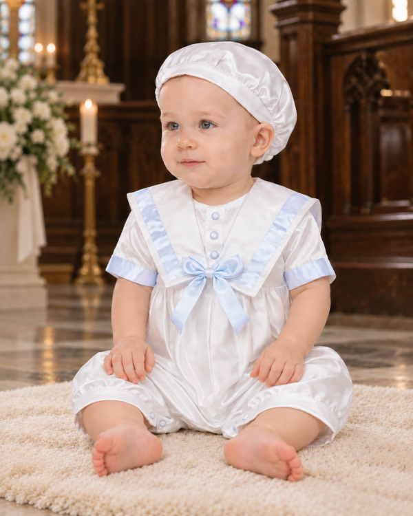 Baby Boys Light Blue Pleated Christening Romper