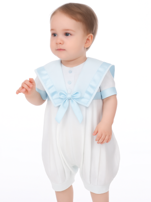 Baby Boys Light Blue Pleated Christening Romper