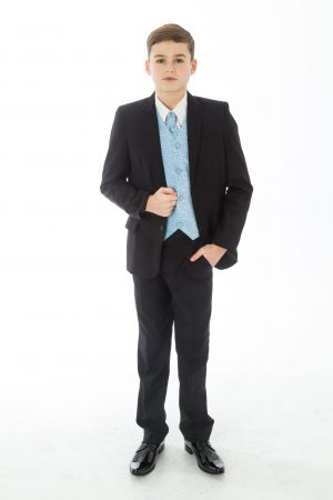 Boys 5 Piece Black suit with Blue waistcoat Henry