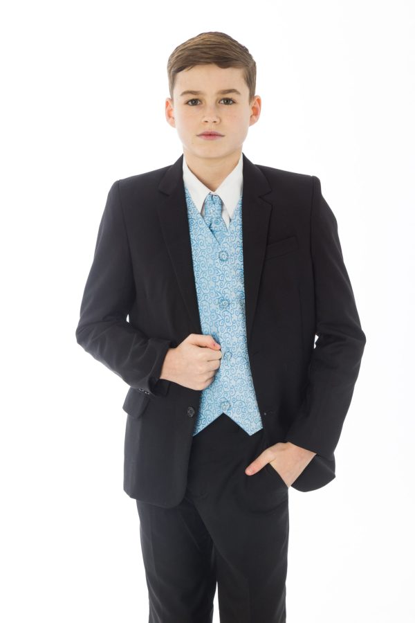 Clearance Items Boys 5 Piece Black suit with Blue waistcoat Henry