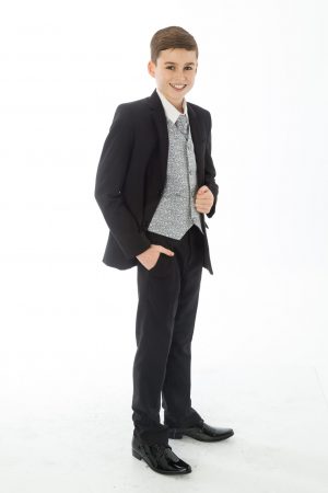 Boys 5 Piece Black suit with Grey waistcoat Henry