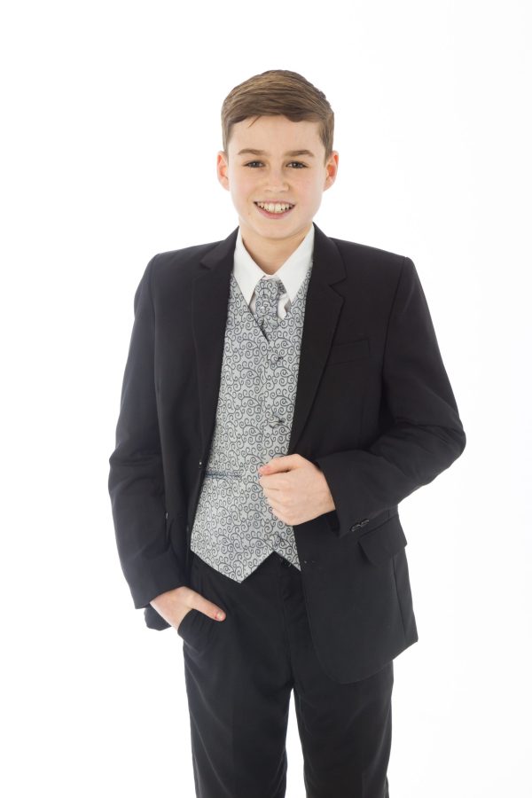 Boys 5 Piece Black suit with Grey waistcoat Henry