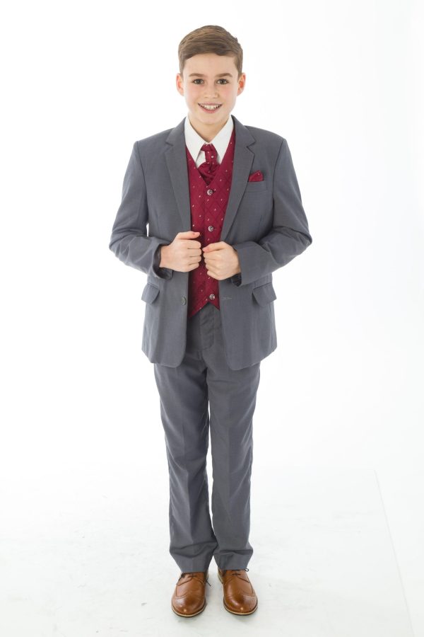 Boys 5 Piece Suits 5 Piece Grey with Wine Alfred