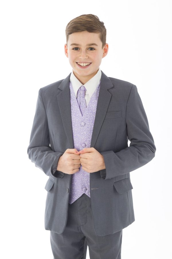 Boys 5 Piece Suits Boys 5 Piece Grey suit with Lilac waistcoat Henry
