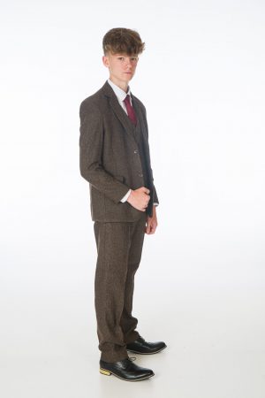 Boys 5 Piece Dark Brown Tweed Suit