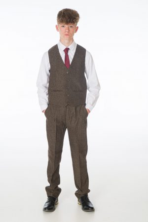 Boys 5 Piece Dark Brown Tweed Suit
