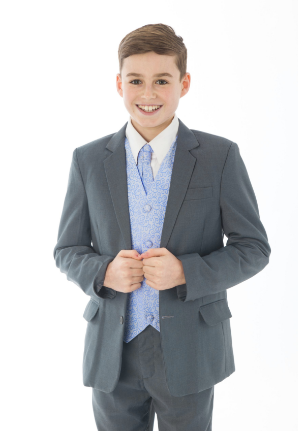 Boys 5 Piece Suits Boys 5 Piece Grey suit with Blue waistcoat Henry