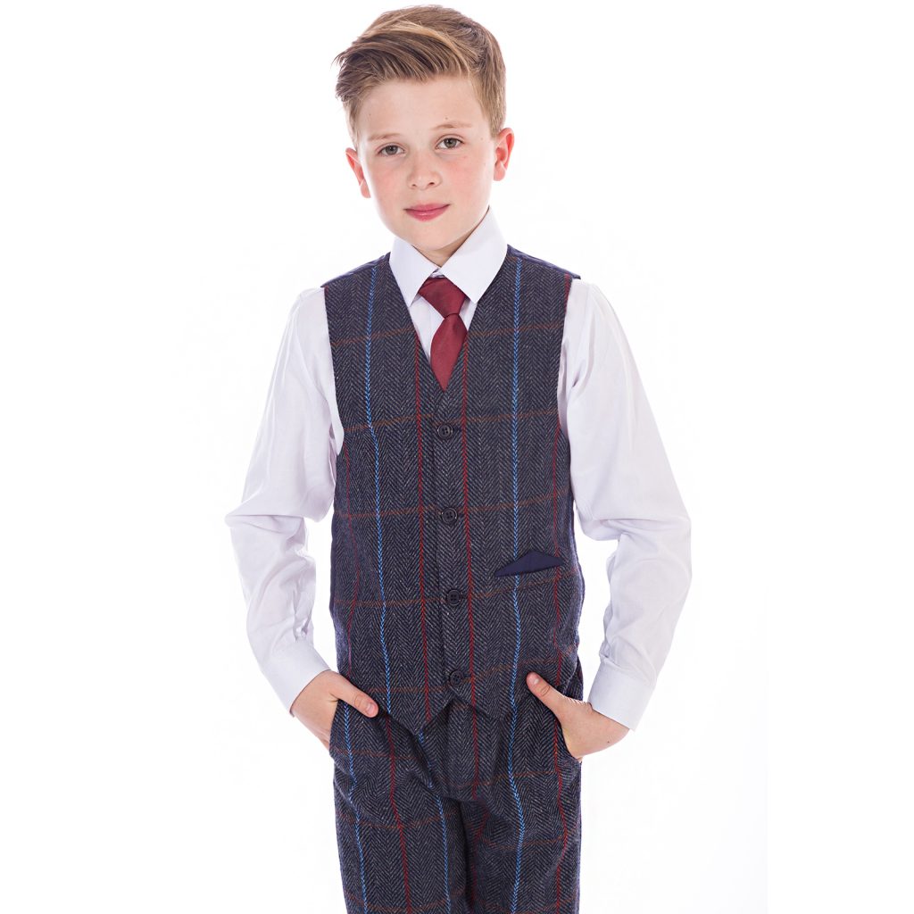 Boys 4 Piece Navy Check Tweed Suit – Occasionwear for Kids