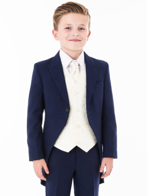 Boys 5 Piece Tailcoat Suit Navy /Cream Swirl