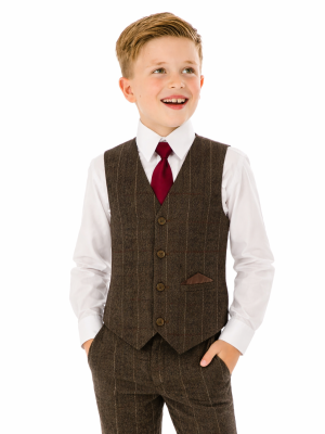 Boys 4 Piece Brown Check Tweed Suit