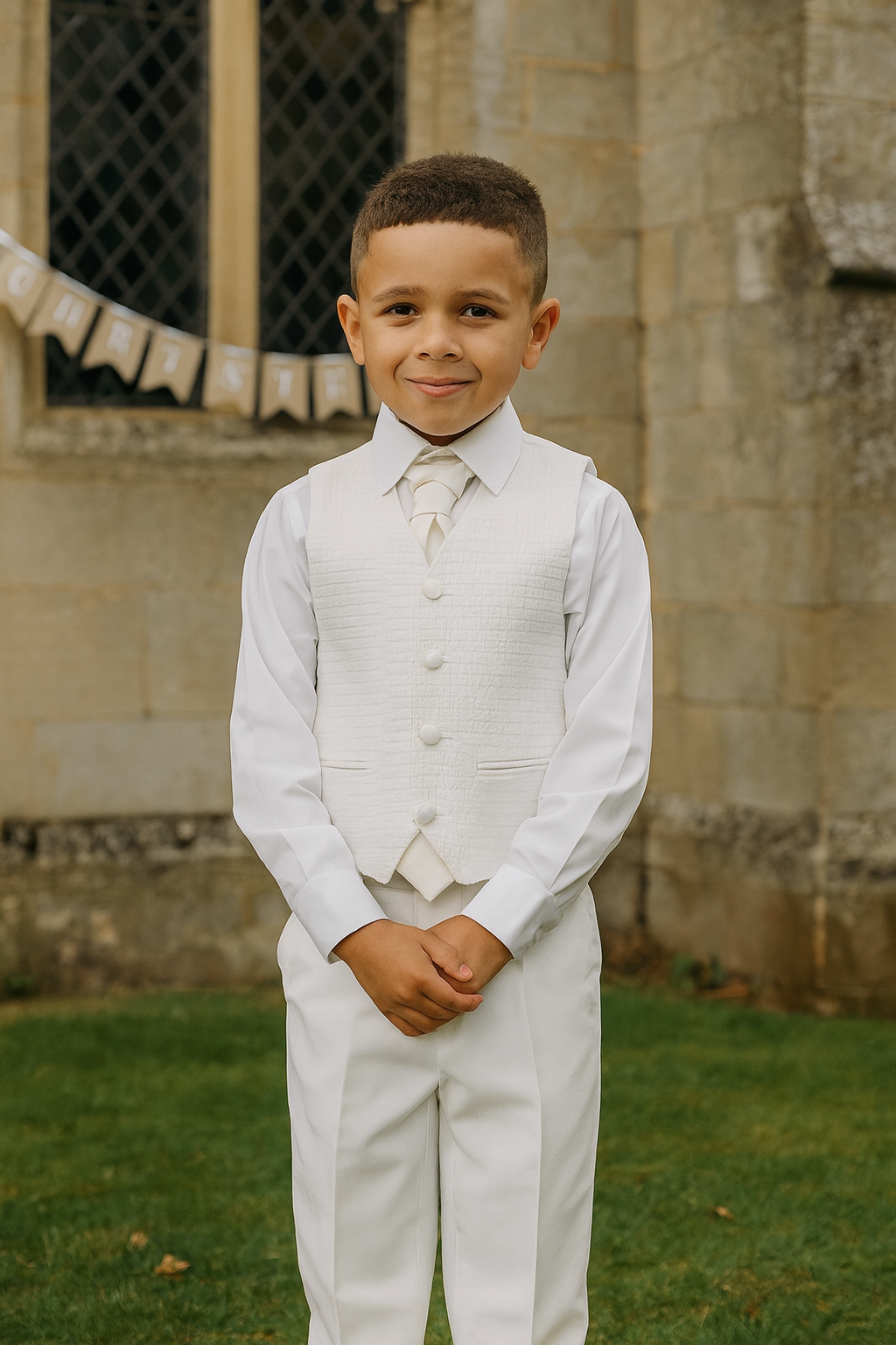 thumbnail interactive-video image 1 of Boys Cream Waistcoat Suit Set - 4 Piece Pageboy Outfit For Wedding & Formal Parties, Ivory 1 of 2
