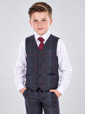 Boys 4 Piece Navy Check Tweed Suit