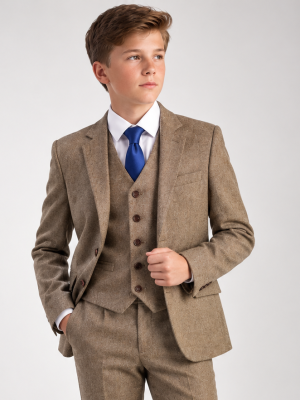 Boys 5 Piece Light Brown Tweed Suit