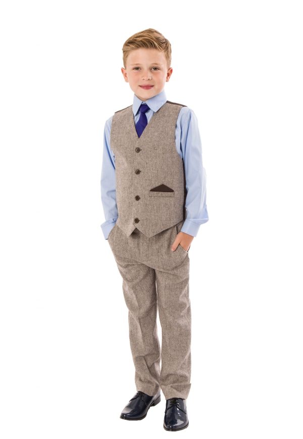 Boys 4 Piece Waistcoat Suits Boys 4 Piece Brown Herringbone Tweed Suit