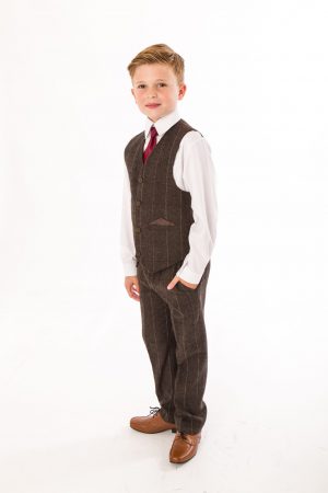 Boys 4 Piece Brown Check Tweed Suit