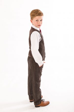 Boys 4 Piece Brown Check Tweed Suit