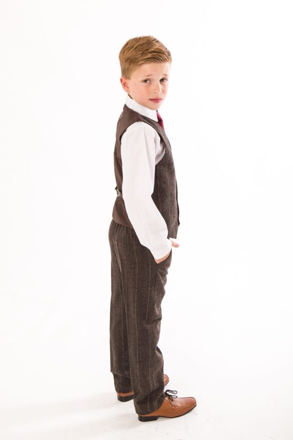 Boys 4 Piece Waistcoat Suits Boys 4 Piece Brown Check Tweed Suit