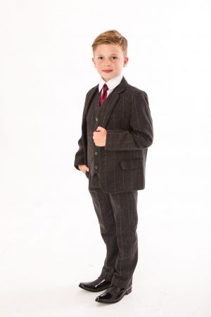 Boys 5 Piece Grey Check Tweed Suit