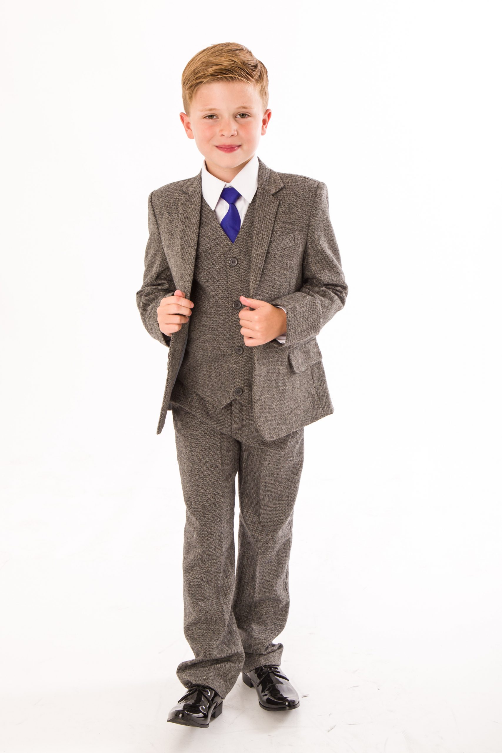Boys 5 Piece Grey Herringbone Tweed Suit – Occasionwear for Kids
