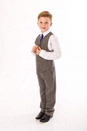 Boys 4 Piece Grey Herringbone Tweed Suit