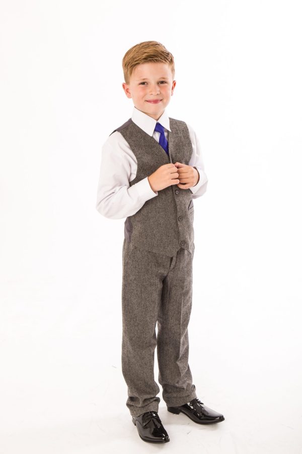 Boys 5 Piece Suits Boys 5 Piece Grey Herringbone Tweed Suit