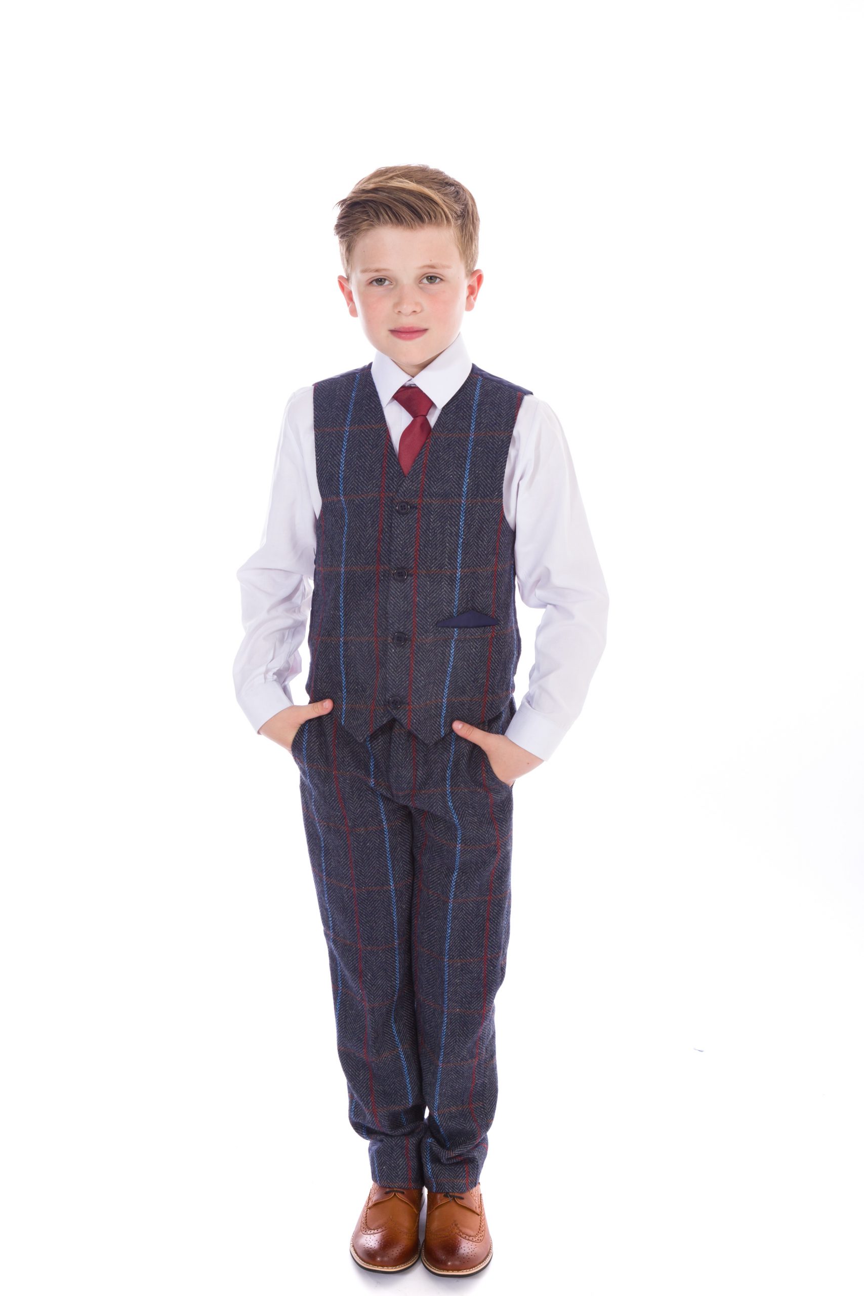 Boys 4 Piece Navy Check Tweed Suit – Occasionwear for Kids