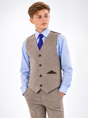 Boys 4 Piece Brown Herringbone Tweed Suit