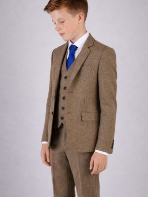 Boys 5 Piece Light Brown Tweed Suit