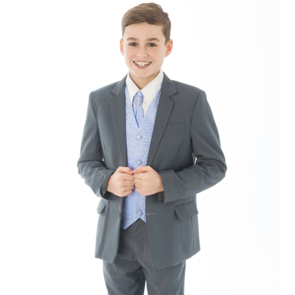 Boys 5 Piece Suits Boys 5 Piece Grey suit with Blue waistcoat Henry