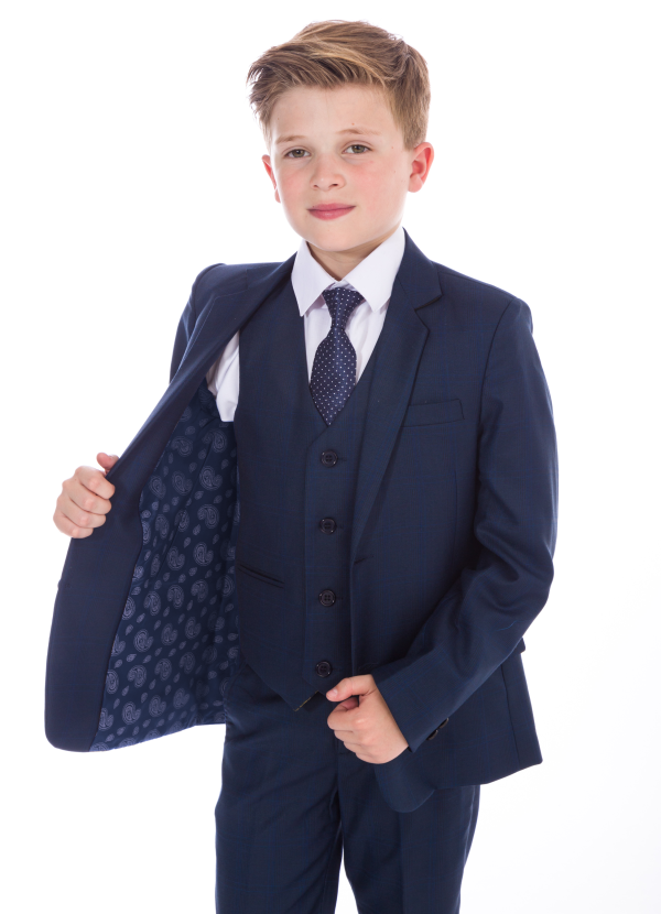 Boys 3 Piece Suits Boys navy check suit Spencer