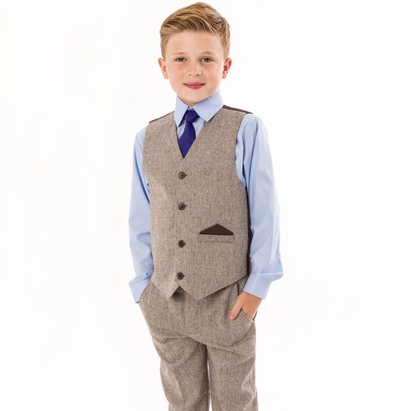 Boys 4 Piece Brown Herringbone Tweed Suit