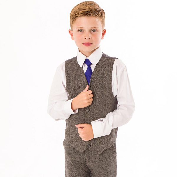 Boys 4 Piece Grey Herringbone Tweed Suit