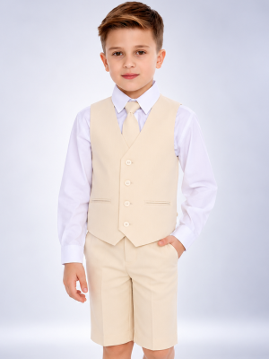 Boys 4 Piece Sand Linen Shorts Set