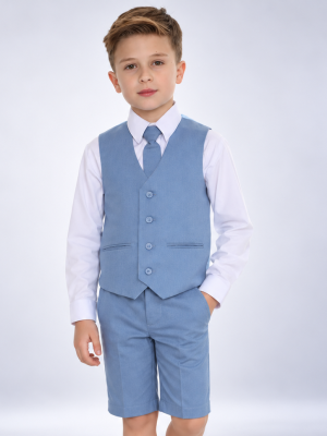 Boys 4 Piece Blue Linen Shorts Set