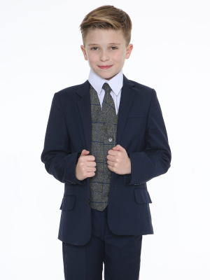Boys 5 Piece Suits 5pc Navy Suit with Grey Check Billy