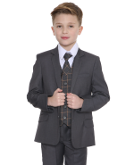 Boys 5 Piece Suits 5pc Grey Suit with Grey Check Finn