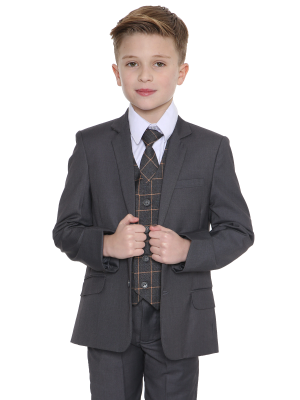 Boys 5 Piece Suits 5pc Black Suit with Grey Check Finn