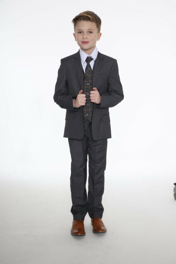 Boys 5 Piece Suits Boys 5 Piece Grey Suit with Grey Check Finn