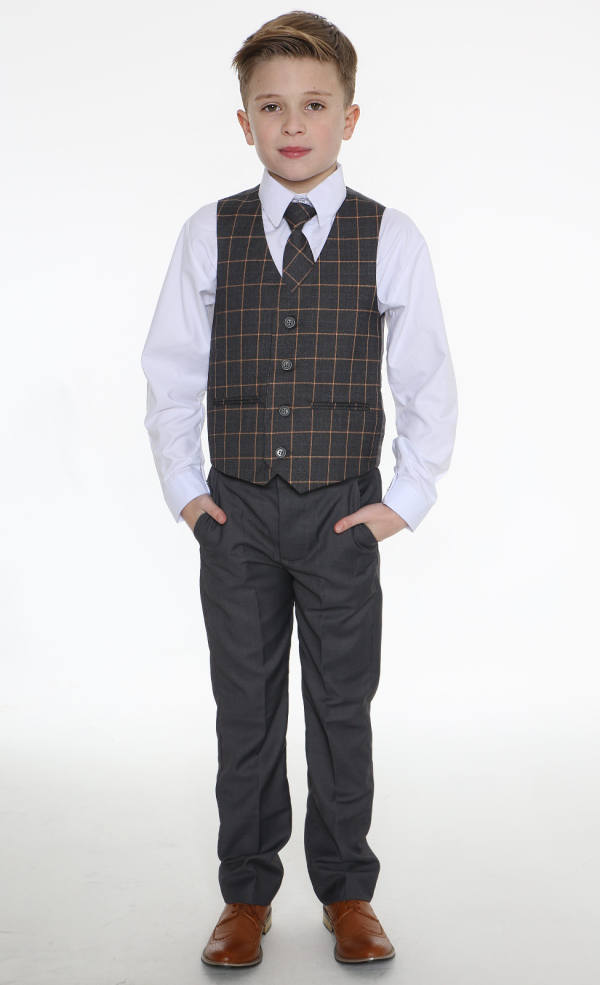 Boys 5 Piece Suits Boys 5 Piece Grey Suit with Grey Check Finn