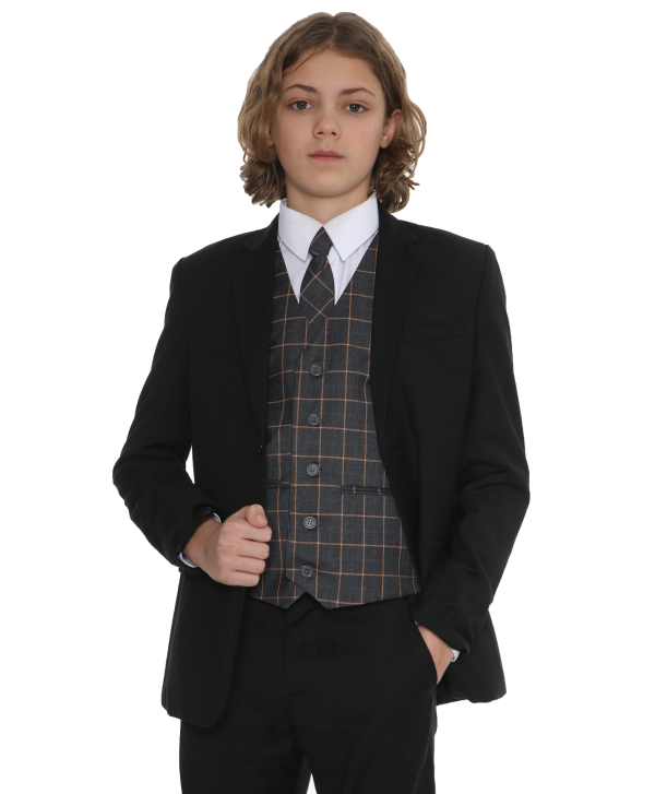5pc Black Suit with Grey Check Finn