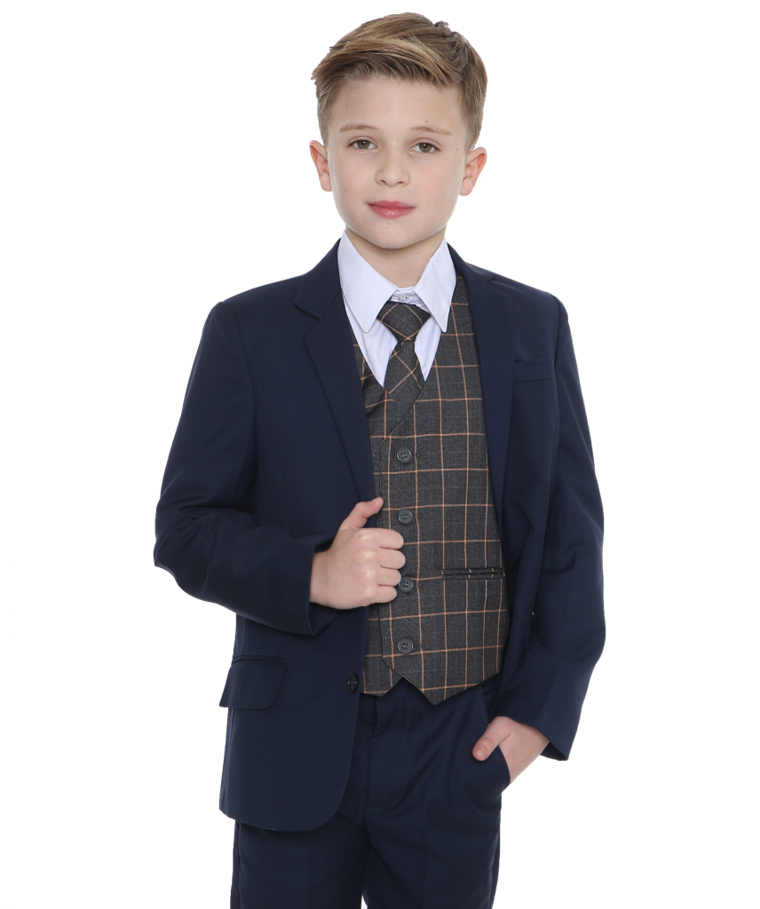 Boys 5 Piece Navy Suit with Grey Check Finn – Occasionwear for Kids