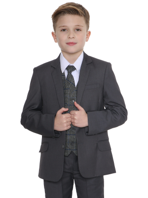 Boys 5 Piece Suits Boys 5 Piece Navy Suit with Grey Check Billy