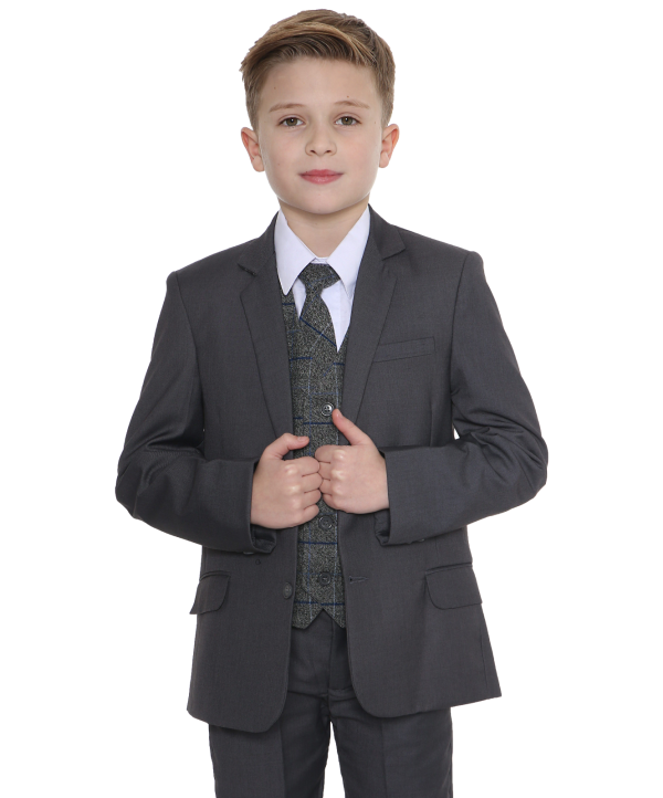 Boys 5 Piece Suits 5pc Grey Suit with Blue Check Michael