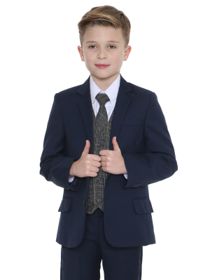 Boys 5 Piece Suits Boys 5 Piece Navy Suit with Grey Check Billy