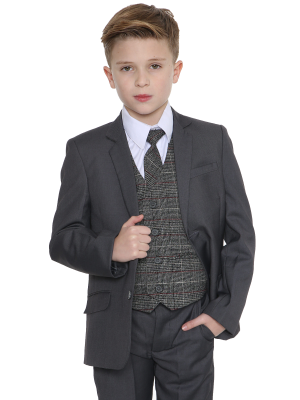 Boys 5 Piece Suits 5pc Grey Suit with Blue Check Thomas
