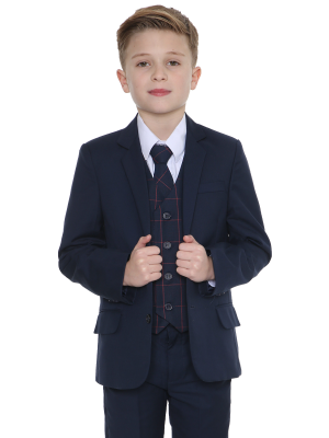 Boys 5 Piece Suits Boys 5 Piece Navy Suit with Grey Check Finn