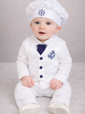 4 Piece Nelson Christening suit in White/Navy